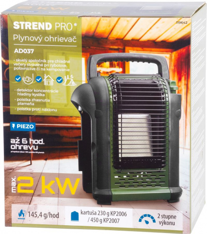 STREND PRO AD037 Plynové topidlo, ohřívač 2kW, přenosný přímotop na kartuše se závitem