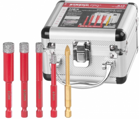 STREND PRO Diamantové vykružovací korunky 6-12mm a vrták do skla 6mm  na obklady, sada 5ks