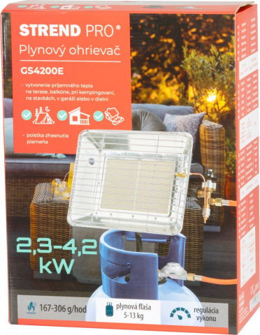 STREND PRO GS4200E Plynové topidlo, ohřívač 4,2kW s regulací, přenosný přímotop na bombu