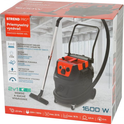 STREND PRO MWD223 Průmyslový stavební vysavač, automatický oklep, 1600W, 40l