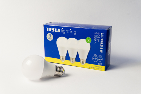 Tesla - LED žárovka BULB E27, 8W, 230V, 806lm, 25 000h, 3000K teplá bílá, 220st 3ks v balení