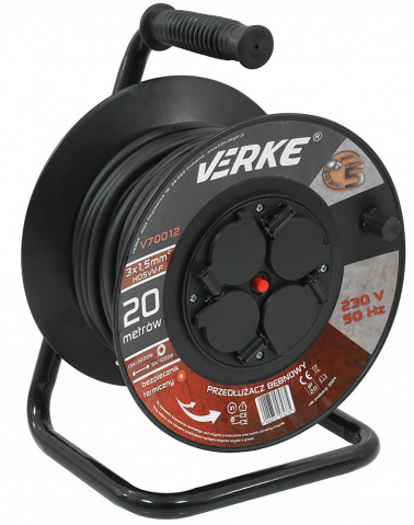VERKE Prodlužovací kabel na cívce 20m, 230V 3x1,5mm, 4 zásuvky