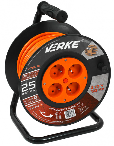 VERKE Prodlužovací kabel na cívce 25m, 230V 3x1,5mm, 4 zásuvky