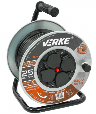 VERKE Prodlužovací kabel na cívce 25m, 230V 3x2,5mm, 4 zásuvky, kovový buben