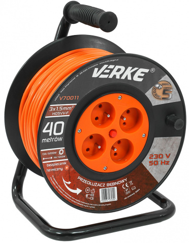 VERKE Prodlužovací kabel na cívce 40m, 230V 3x1,5mm, 4 zásuvky