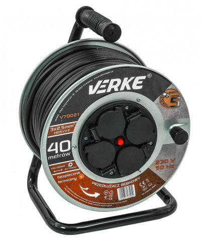 VERKE Prodlužovací kabel na cívce 40m, 230V 3x2,5mm, 4 zásuvky, kovový buben