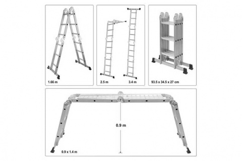 Víceúčelový skládací žebřík, 4x3 příčky, výška 3,4m