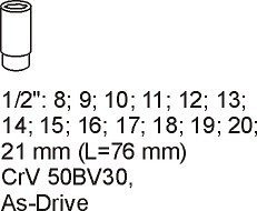 Vložka do zásuvky YT-5539, nástrčné klíče prodloužené,1/2“,  8 - 21 mm, sada 14 kusů, Yato