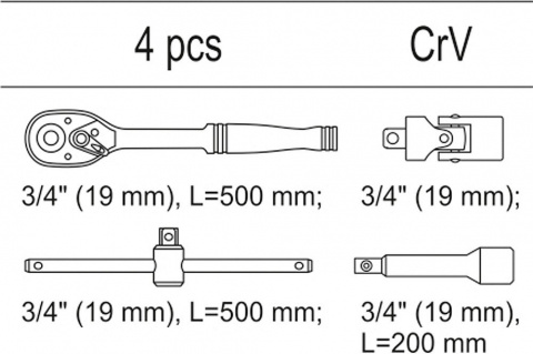 Vložka do zásuvky, YT-55458, ráčna, prodloužení, páka, kloub, 3/4", sada 4 kusy, Yato