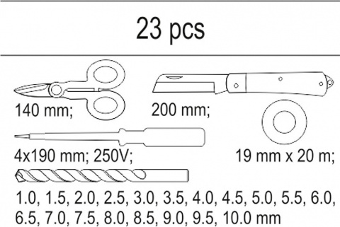 Vložka do zásuvky, YT-55471, nůžky, nůž, zkoušečka, vrtáky, sada 23 kusů, Yato