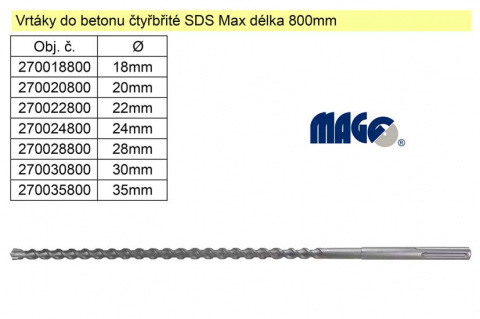 Vrták do betonu čtyřbřitý SDS Max 28x800mm