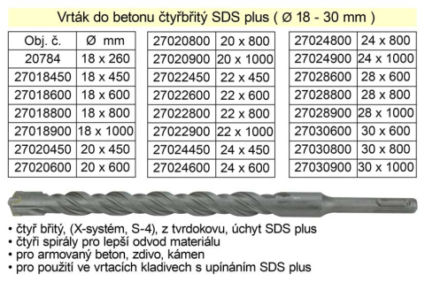 Vrták do betonu čtyřbřitý SDS plus 24x 600mm