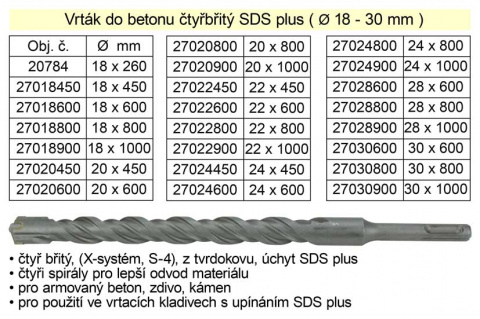Vrták do betonu čtyřbřitý SDS plus 30x 800mm