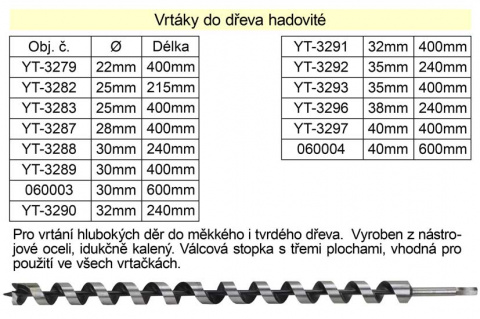 Vrták do dřeva hadovitý samostatný 40x600mm