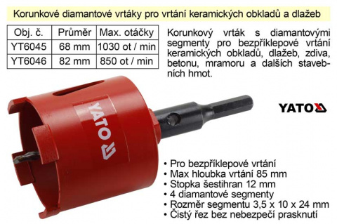 Vrták korunkový diamantový 68 mm pro vrtání keramických obkladů a dlažeb