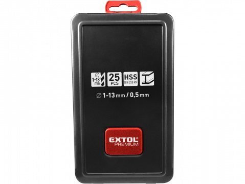 vrtáky do kovu v kovové krabičce, sada 25ks, Ř1-13mm, po 0,5mm, HSS, EXTOL PREMIUM