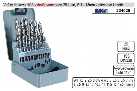 Vrtáky do kovu vybrušované 1-13mm HSS 25 kusů, sada vrtáků