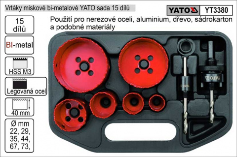 Vrtáky YATO vyřezávací bimetalové miskové sada  8 dílů 22-73mm
