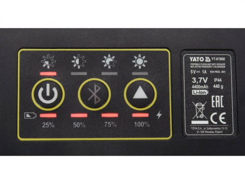 YATO Aku světlo reflektor 2x15W, USB nabíjecí, bluetooth reproduktor, powerbanka, magnet