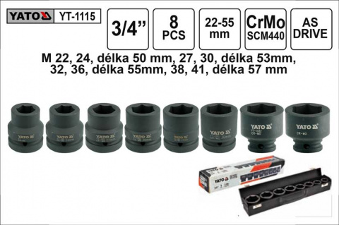 YATO Gola ořechy šestihranné kované 3/4" sada 8 kusů 22-41mm YT-1115