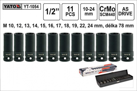 YATO Gola ořechy šestihranné kované prodloužené 1/2" sada 11 kusů 10-24mm YT-1054