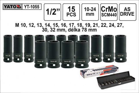 YATO Gola ořechy šestihranné kované prodloužené 1/2" sada 15 kusů 10-32mm YT-1055