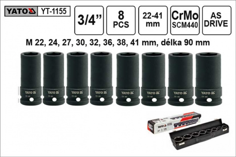 YATO Gola ořechy šestihranné kované prodloužené 3/4" sada 8 kusů 22-41mm YT-1155