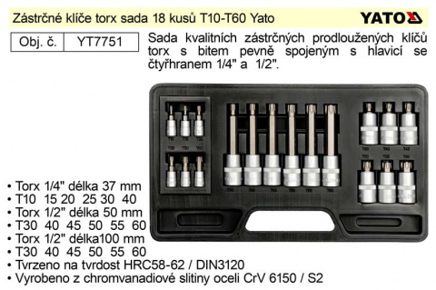 YATO Gola ořechy torx sada 18 kusů T10-T60 Yato