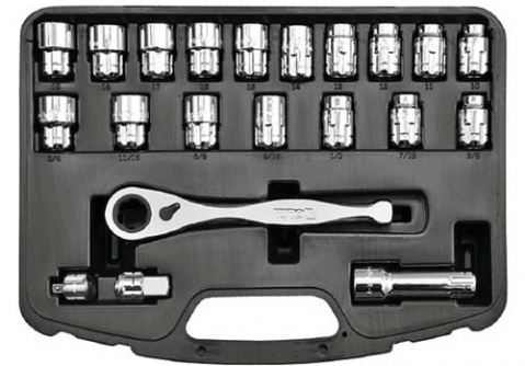 YATO Gola sada 1/4" a 1/2" průchozí ráčna a ořechy metrické 10-19mm, palcové 3/8"-3/4"