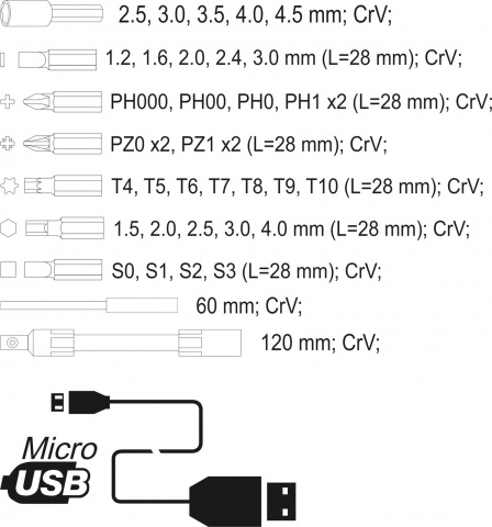 YATO Mini aku šroubovák 3,6V/0,45Ah USB nabíjecí + sada bitů