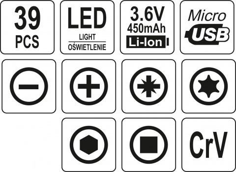 YATO Mini aku šroubovák 3,6V/0,45Ah USB nabíjecí + sada bitů