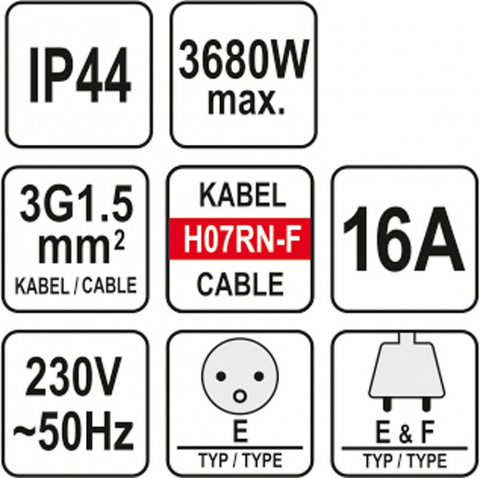 YATO Prodlužovací kabel 20m, 230V 3x1,5mm, gumová izolace, 3 zásuvky YT-81162