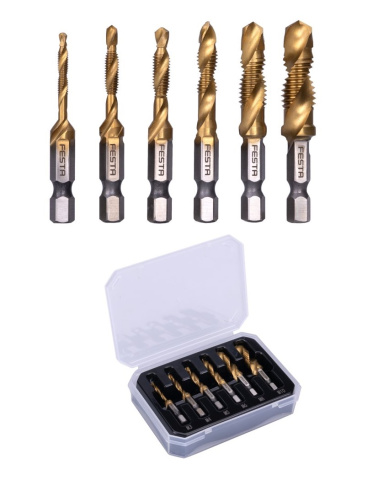 závitníky kombinované s vrtákem, závitových vrták HSS, M3-M10, sada6 ks, HEX 1/4" FESTA