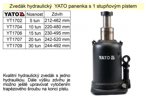 Zvedák hydraulický  YATO panenka s 1 stupňovým pístem, 10 tun zdvih