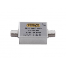 Anténní zesilovač TEROZ 604X, nízkošumový, DAB, G23dB, F0,7dB, U>120dBμV, F-F