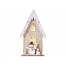 Dekorace vánoční EMOS DCWW18 dřevěná – domek se sněhuláky, 28,5 cm