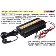 Nabíječka autobaterií 12V/20A - Carspa